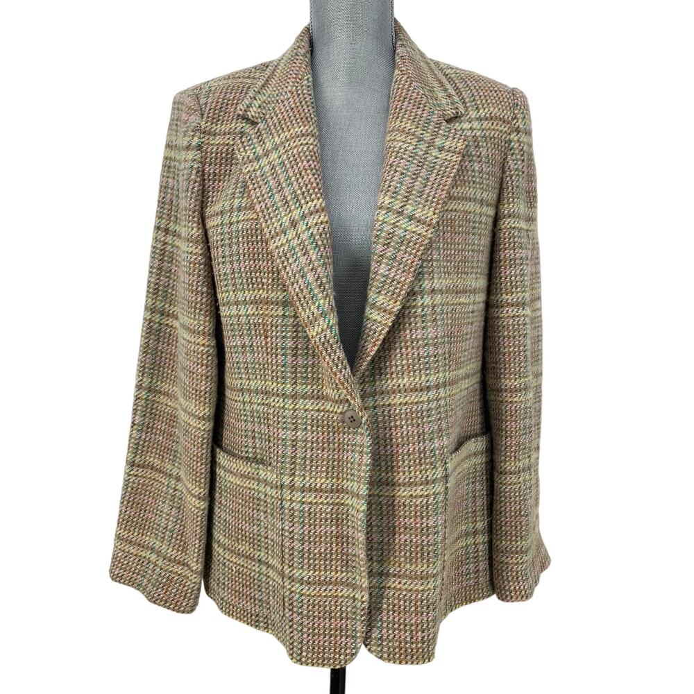 Vintage Brown Pink Glen Plaid Wool Blend Single Button Blazer Size M L Academia